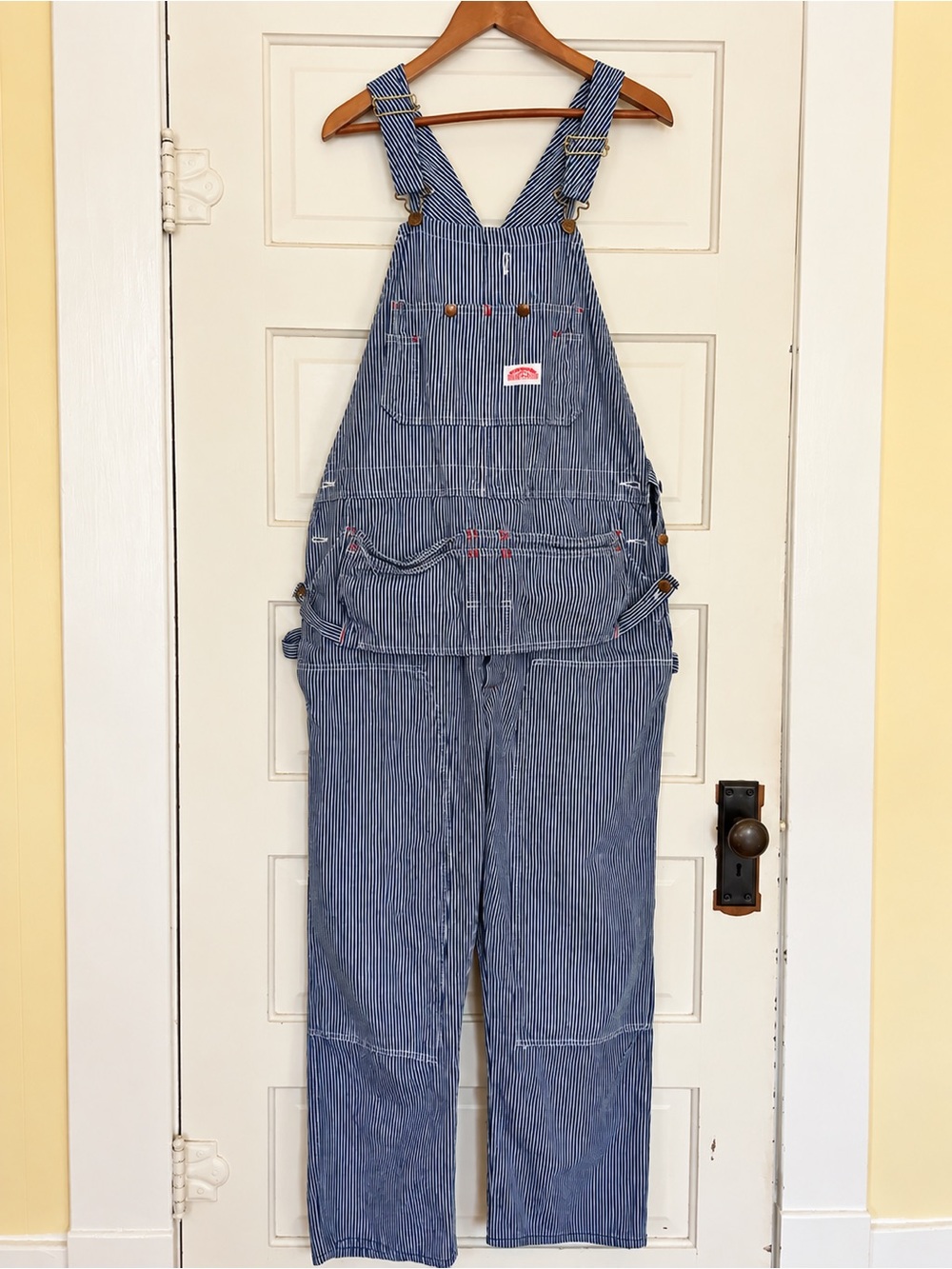 Vintage Round House Made in USA Hickory Stripe Railroad Bib Overalls Workwear